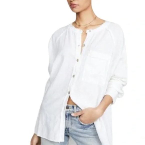 FREE People Linen Blend Soft Beige Pink Top Hi Low Button - Picture 11 of 11